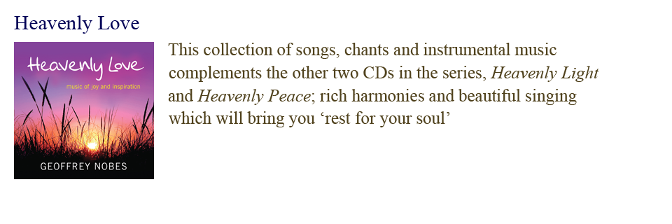 This collection of songs, chants and instrumental music complements the other two CDs in this series, Heavenly Light and Heavenly Peace; rich harmonies and beautiful singing which bring you "rest for the soul"